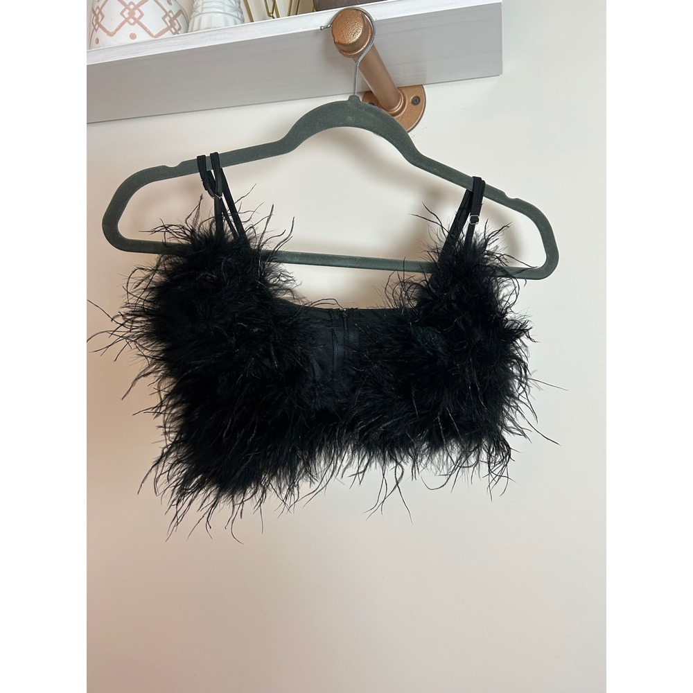 NEW Nasty Gal Black Feather Crop Top Bralette Cami Adjustable Straps Size US 2